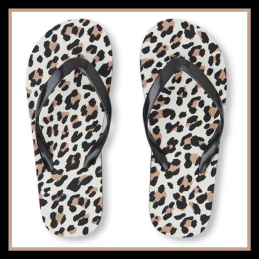 Children’s Place ✦ Cheetah Print Flip Flops ✦ Foam Sandals Black Tan Youth 3/4